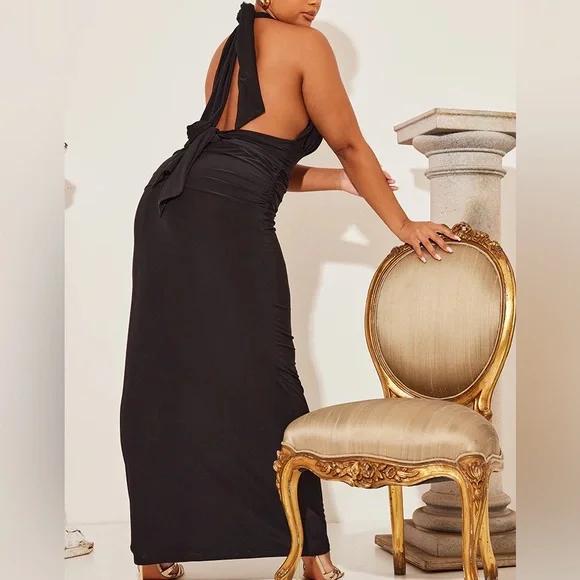 4/$19 NWT PrettyLittleThing black slinky extreme plunge maxi halter tie dress - Picture 4 of 8